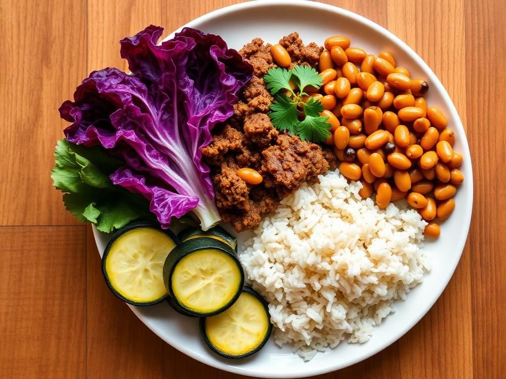 Almoço: acém moído, feijão, arroz, alface roxa e abobrinha