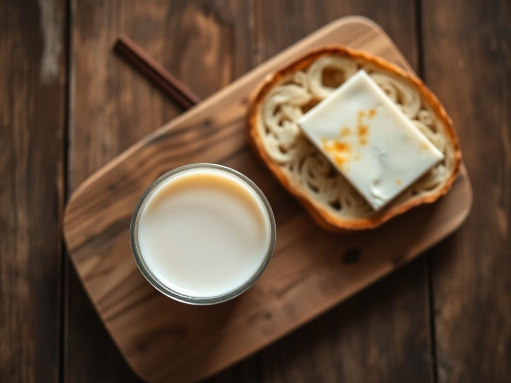 Café da manhã: leite com canela, pão de fermentação natural e queijo minas