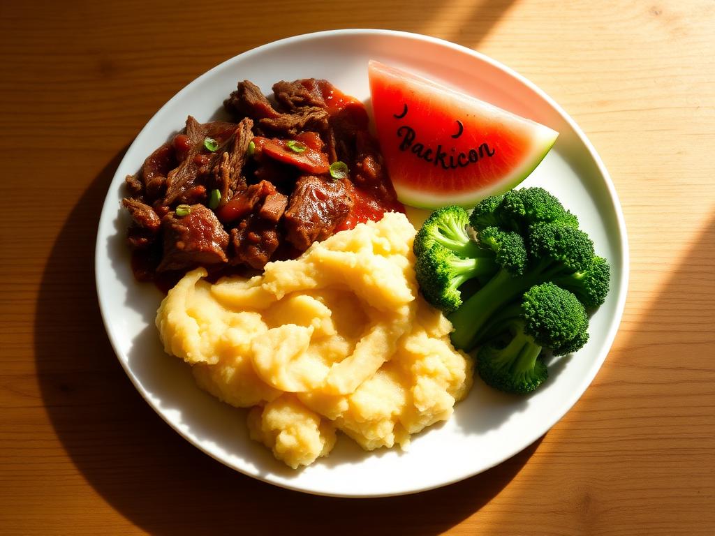 Jantar: carne ao sugo, purê de inhame, brócolis e melancia